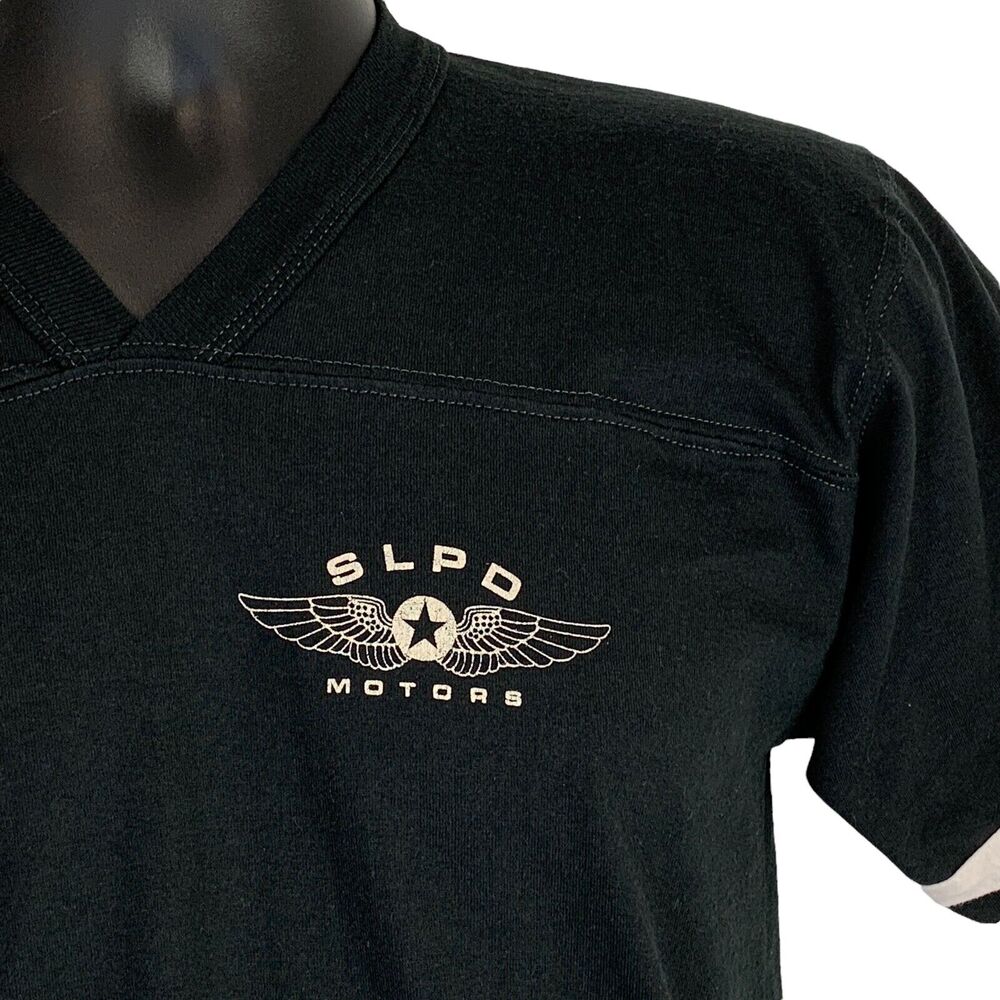 Jerzees Black V-Neck Tee with Cream Winged SLPD Motors Emblem
